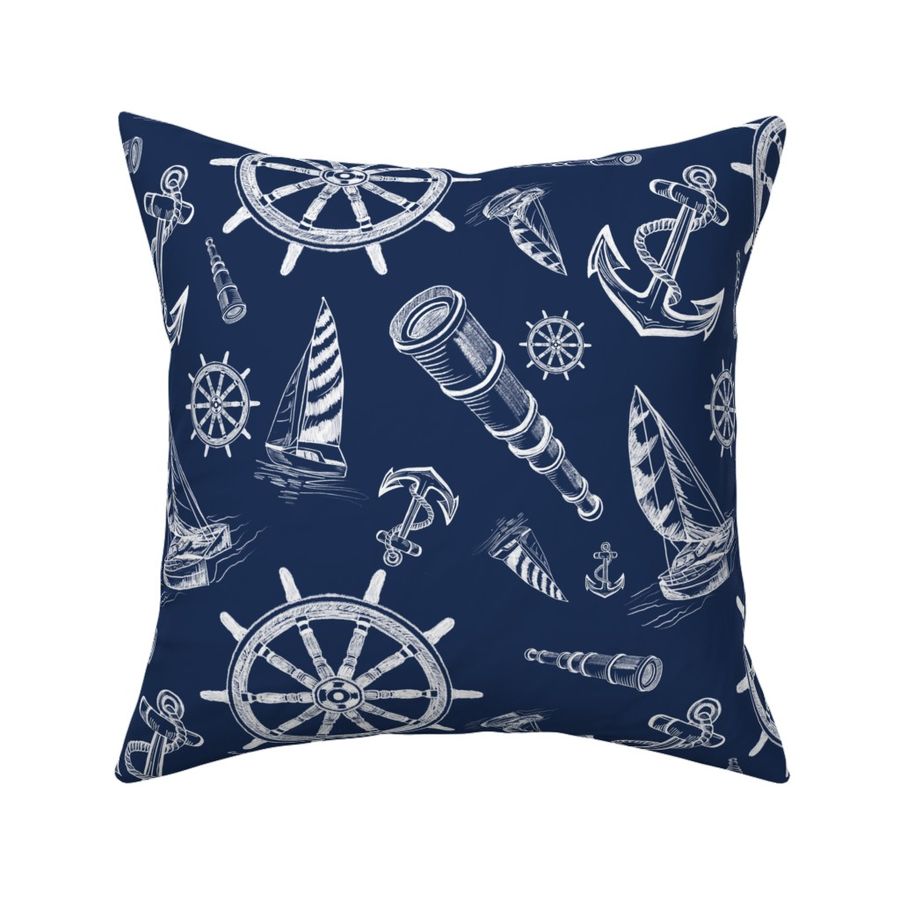 Nautical Sketches Coastal Design on Navy Background, Small Scale Design