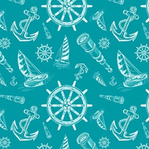Nautical Sketches  Coastal Design on Teal Background, Small Scale Design