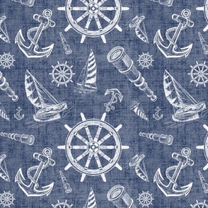 Nautical Sketches  Coastal Design on Navy Blue Texture Background, Small Scale Design