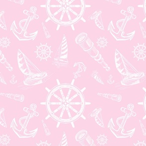 Nautical Sketches  Coastal Design on Pink Background, Small Scale Design