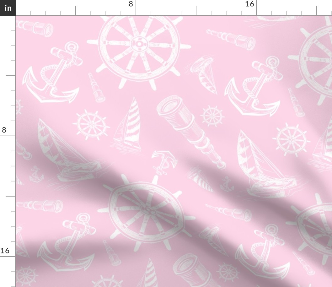 Nautical Sketches  Coastal Design on Pink Background, Small Scale Design