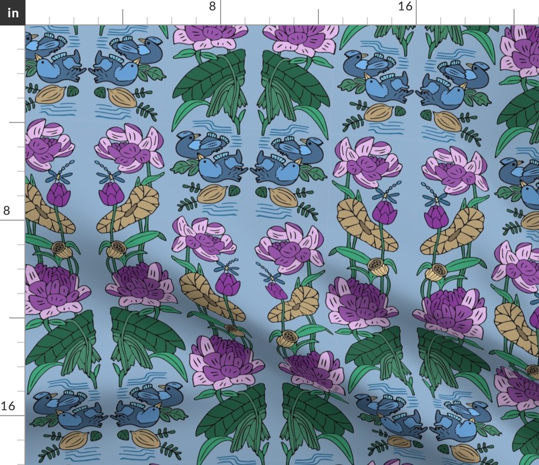 Chinese garden embroidery in purple and blue small scale 