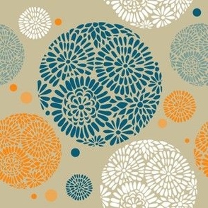 Mid Mod Mix and Match Coordinate - Flower Balls in Teal, Orange, and White on Tan