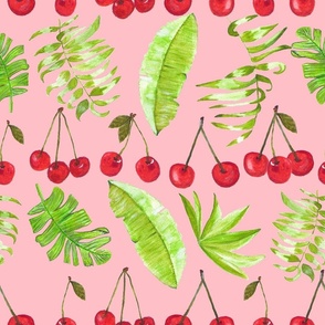Watercolor Hand Drawn Cherry and Tropical Leaves Pattern