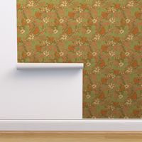 Sparrows & Apple Blossom - large - green & pink