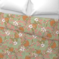 Sparrows & Apple Blossom - large - green & pink