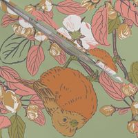 Sparrows & Apple Blossom - large - green & pink