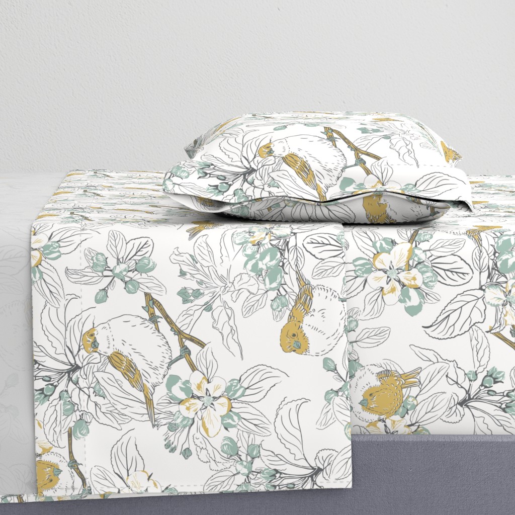 Sparrows & Apple Blossom - large - white & blue