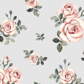 Large Scale / Vintage Roses / Light Grey Background / Matching coordinate for Little Deer With Vintage Roses and Rose Highland Cow 