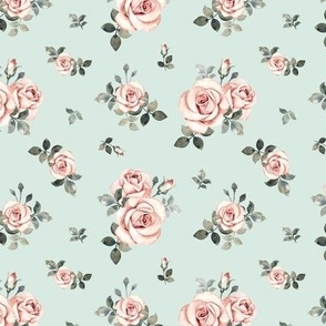 Small Scale / Vintage Roses / Mint Background / Matching coordinate for Little Deer With Vintage Roses and Rose Highland Cow 