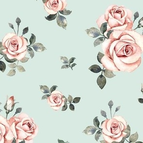 Large Scale / Vintage Roses / Mint Background / Matching coordinate for Little Deer With Vintage Roses and Rose Highland Cow 