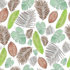 Tropical leaves soft colored watercolor jungle pattern white background