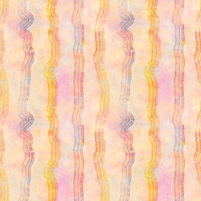 Medium scale vertical multiline wriggle stripe in rainbow colours on a yellow and pink marbled background 