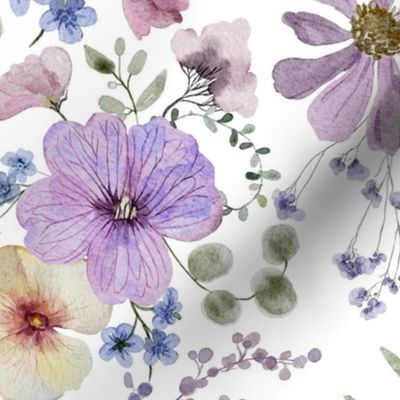 18" A beautiful cute purple midsummer dried flower garden with light purple and lavender wildflowers and grasses on white background- for home decor Baby Girl   and  nursery fabric perfect for kidsroom wallpaper,kids room