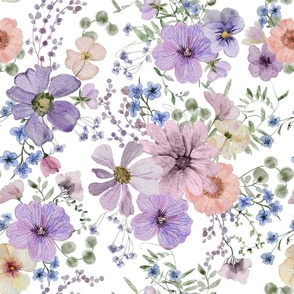 18" A beautiful cute purple midsummer dried flower garden with light purple and lavender wildflowers and grasses on white background- for home decor Baby Girl   and  nursery fabric perfect for kidsroom wallpaper,kids room