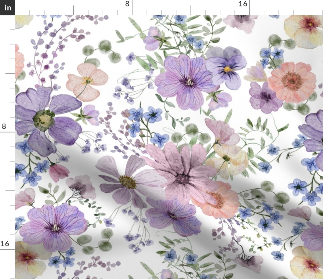 18" A beautiful cute purple midsummer dried flower garden with light purple and lavender wildflowers and grasses on white background- for home decor Baby Girl   and  nursery fabric perfect for kidsroom wallpaper,kids room