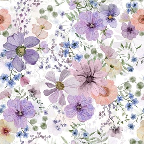 18" A beautiful cute purple midsummer dried flower garden with light purple and lavender wildflowers and grasses on white background- double layer- for home decor Baby Girl   and  nursery fabric perfect for kidsroom wallpaper,kids room