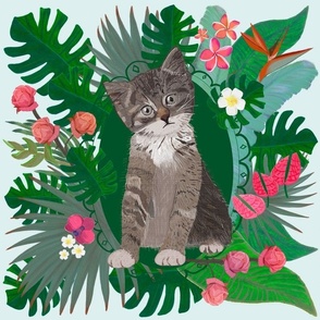 Cute Cat and Tropical Flowers Hand Drawn Pattern