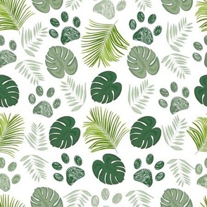 Paw Print With Palm Leaves, Monstera Leaves Nature Wild Pattern Background