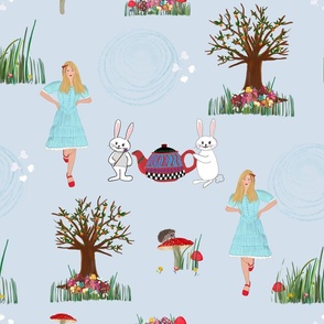 Alice's Adventures in wonderland pattern blue background