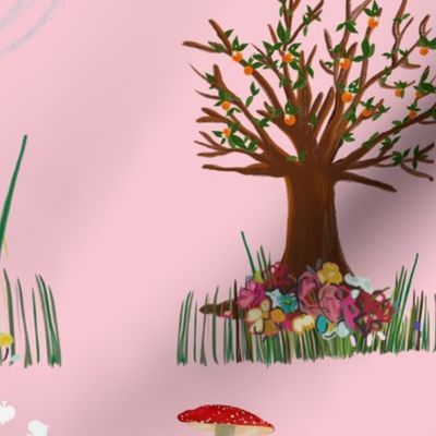 Alice's Adventures in wonderland pattern pink background
