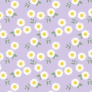 Cutesy sunflowers - summer blossom and little green petals and leaves white yellow green on lilac purple