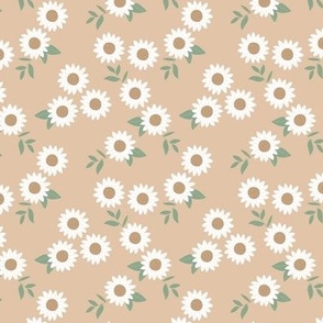 Cutesy sunflowers - summer blossom and little green petals and leaves white caramel green on tan beige