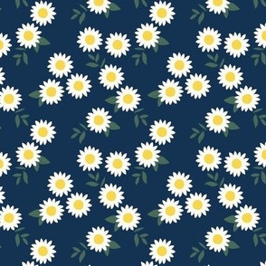 Cutesy sunflowers - summer blossom and little green petals and leaves white caramel green on navy blue
