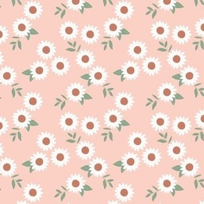 Cutesy sunflowers - summer blossom and little green petals and leaves white caramel green on blush pink