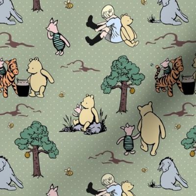 Smaller Scale Classic Pooh Story Sketches on Sage Green