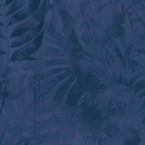 Subtle Monstera And Palm Pattern Midnight  Blue