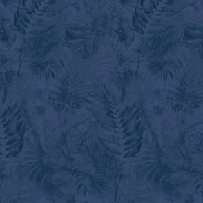 Subtle Monstera And Palm Pattern Midnight  Blue Smaller Scale