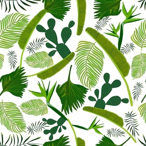 Green Tropical Leaves and Cactus Hand Drawn Pattern