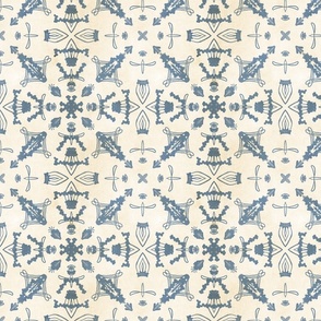 Damask pattern in dark blue on a cream background with vintage linen texture