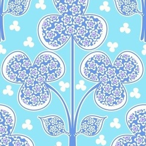 Blue and turquoise geometric stylised floral large scale for wallpaper and bedding