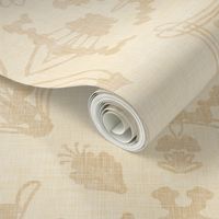  Damask pattern in tan on a cream background with vintage linen texture