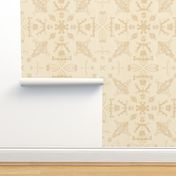 Damask pattern in tan on a cream background with vintage linen texture