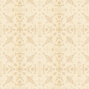  Damask pattern in tan on a cream background with vintage linen texture