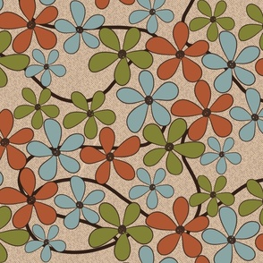 (M) Retro Simple Flowers 70s Colors on Textured Khaki