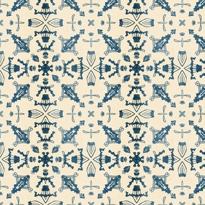 Damask pattern in indigo blue on a cream background with vintage linen texture