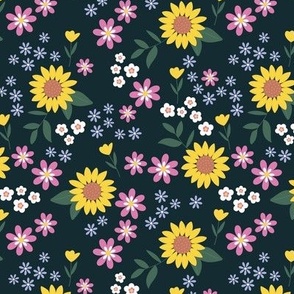 Sunflowers daisies and tulips spring blossom - floral garden bohemian summer design lilac pink yellow on deep green