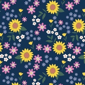 Sunflowers daisies and tulips spring blossom - floral garden bohemian summer design lilac pink yellow on navy blue