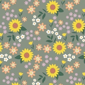 Sunflowers daisies and tulips spring blossom - floral garden bohemian summer design peach pink yellow on sage green