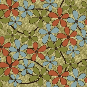 (M) Retro Simple Flowers 70s Colors on Textured Artichoke Green
