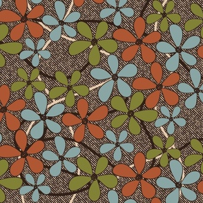 (M) Retro Simple Flowers 70s Colors on Textured Dark Brown