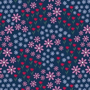 Romantic modern blossom garden - tulips daisies and dahlias sweet floral design lilac pink fuchsia on navy blue