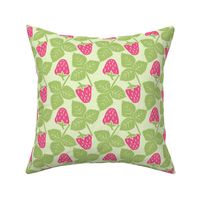 Bold Spring Strawberries and Leaves in Pink and Green on Light Green - Medium Scale