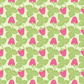 Bold Spring Strawberries and Leaves in Pink and Green on Light Green - Medium Scale