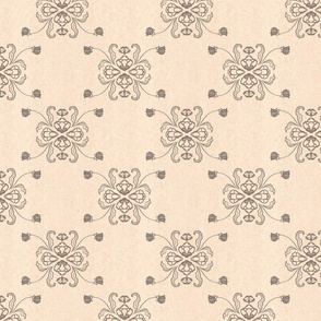 Small scale damask pattern of stylised flowers and leaves in dark grey on a cream background with vintage linen texture