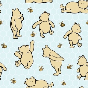 Bigger Scale Classic Pooh and Bees on Pale Blue Honeycomb